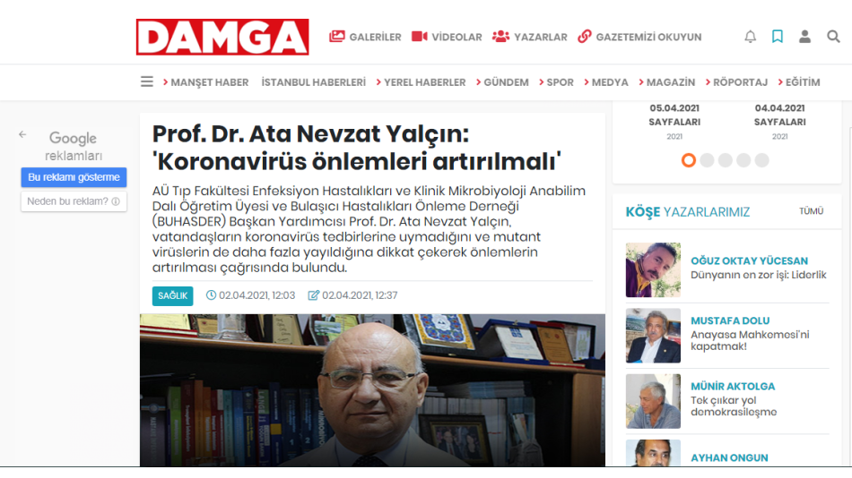 Prof. Dr. Ata Nevzat Yalçın: 'Koronavirüs önlemleri artırılmalı'